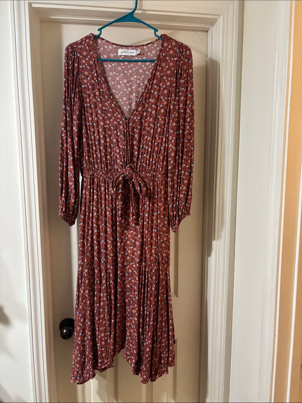 Petal & Pup Rust Brown Floral Midi Dress with Tie Waist